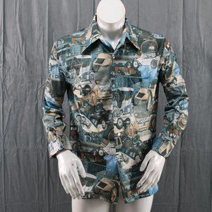 Vintage Button Down Shirt - Model T Car All Over Graphic by Lancer - Men's XL